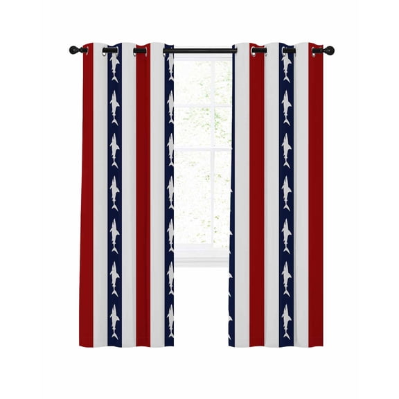 Coastal Shark Blackout Curtains, Light Blocking Print Window Curtains, Ocean Red Navy Blue White Stripe Geometric Thermal Insulated Window Drapes for Living Room 2 Panels, 104"W x 52"L