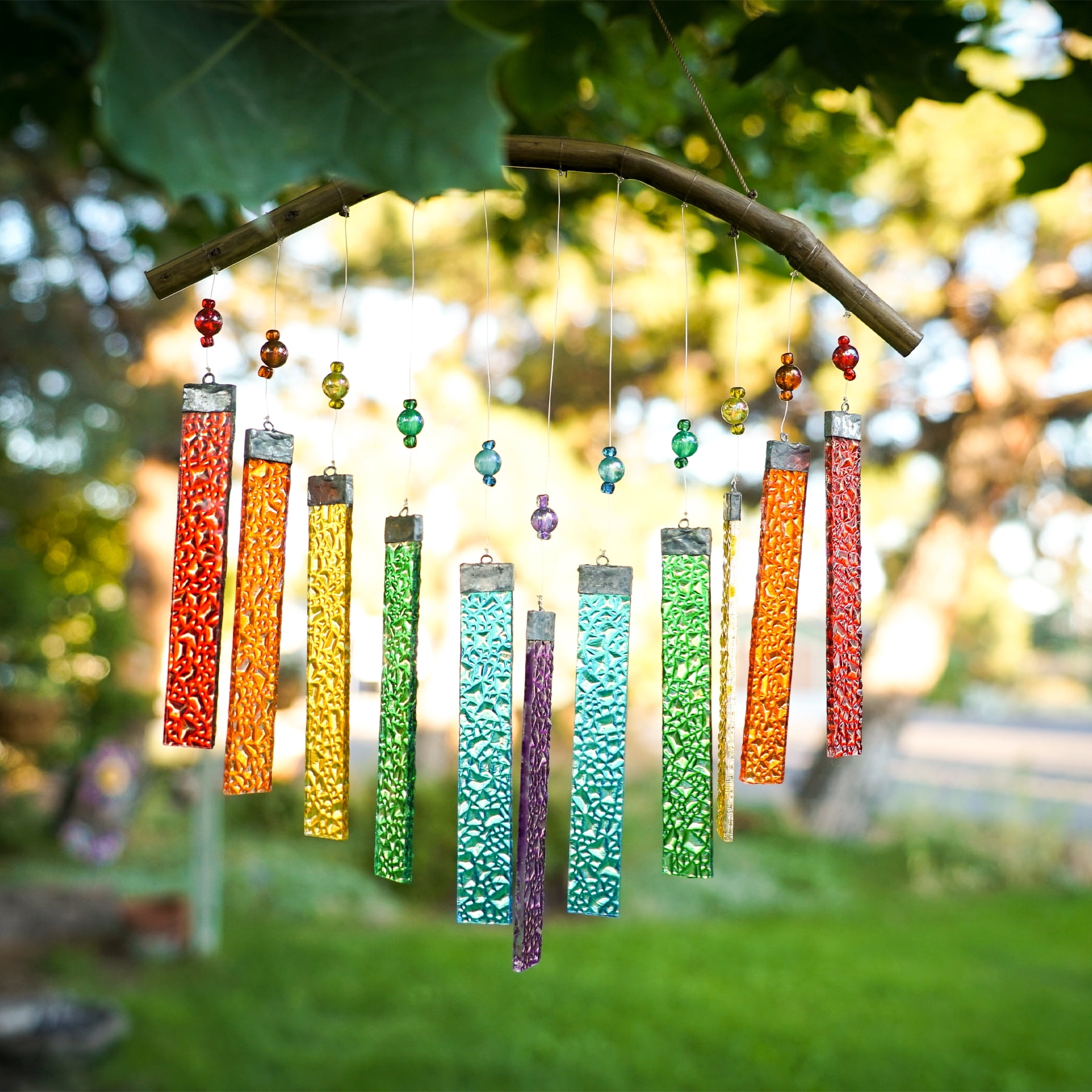 In the Breeze 7025 — Rainbow Textured Glass Mobile Wind Chime — Colorful and Melodic Stamped Glass Chime for Porches and Patios