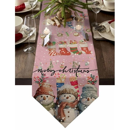 

Table Runner Dresser Scarves Merry Christmas Cute Snowman Cotton Linen Burlap Table Cover Xmas Sock Bell on Pink Flax Table Runners for Family Kitchen Dining Holiday Party Banquet Decor