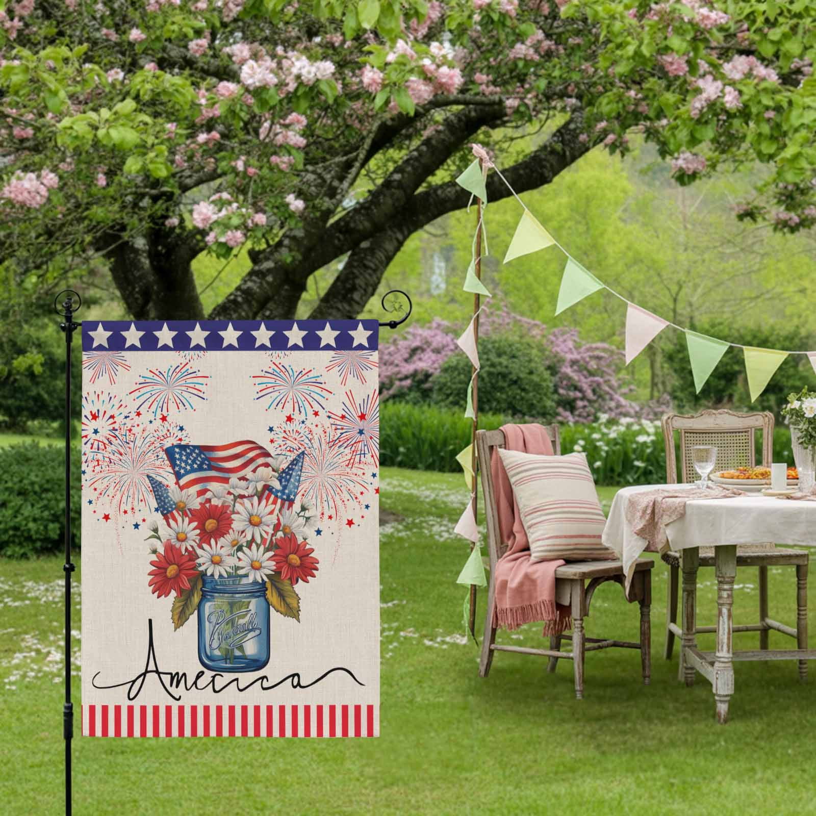 American Flag House Flags For Outdoor, Daisy Vintage Linen Small Double Side Yard Flags Weather Proof House Decor for Lawn Outside Holiday 28 x 40 Inches