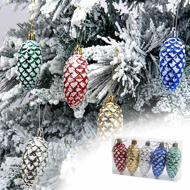 Fufafayo under $5 Christmas Ornaments, 5 Piece Painted Pinecone Tree Decor Set, Colorful Hanging Pendants for Christmas Tree, Car Rearview Mirror Backpack Decor Crafts