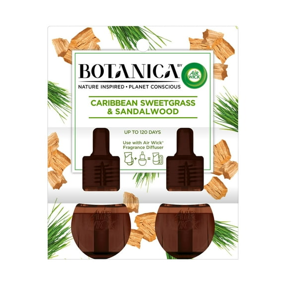 Botanica by Air Wick Plug in Scented Oil Refill, 2 ct, Caribbean Sweetgrass and Sandalwood, Natural Ingredients, Essential Oils, Air Freshener