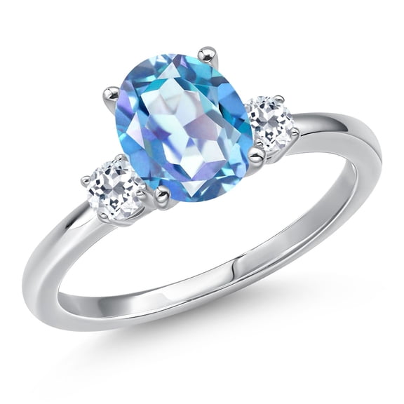 Gem Stone King 14K White Gold Millennium Blue Mystic Quartz and White Topaz Engagement Ring for Women | 2.08 Cttw | Oval 9X7MM | Gemstone Birthstone | Size 5