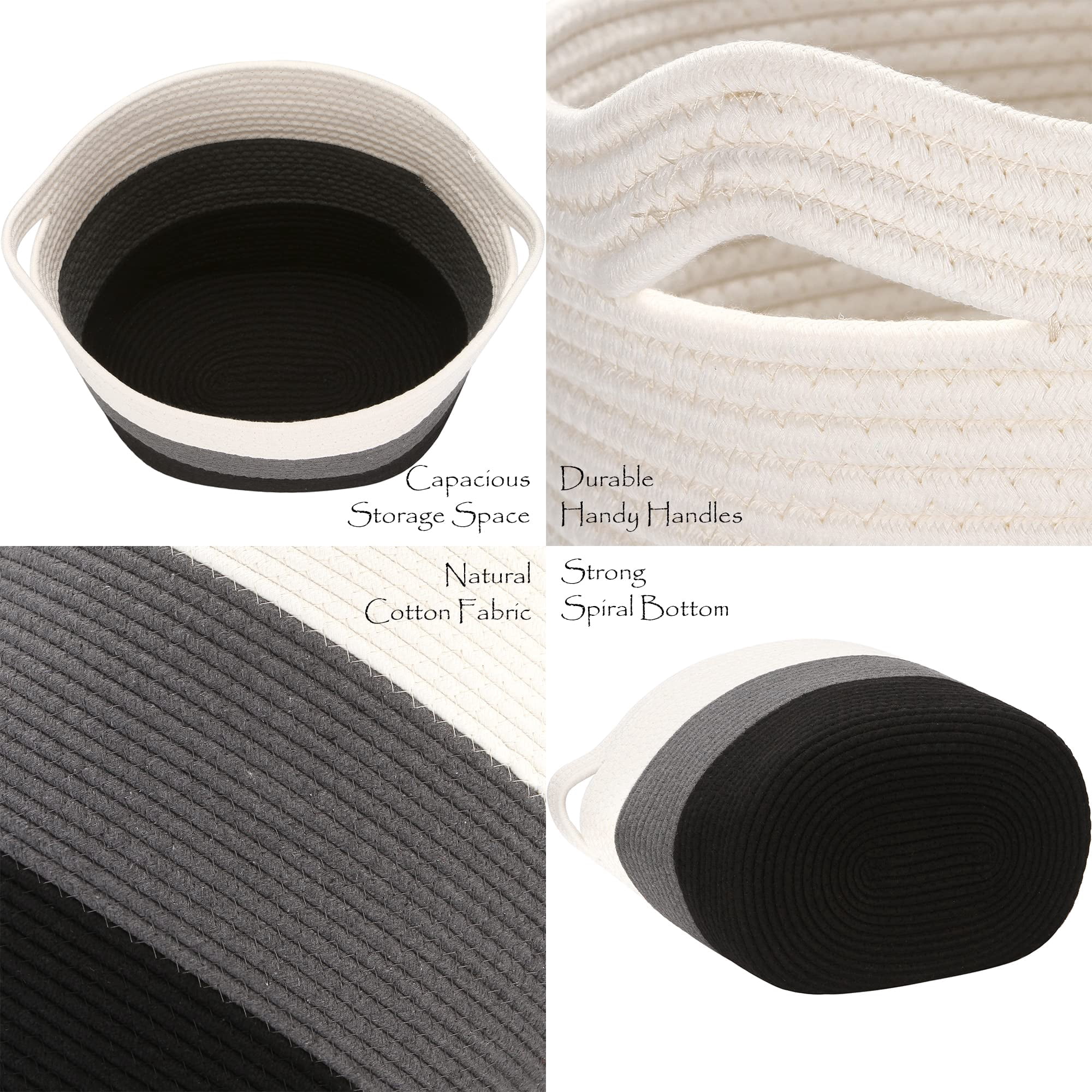 Sea Team Oval Cotton Rope Woven Storage Basket with Handles, 16 x 13 inches, White & Black