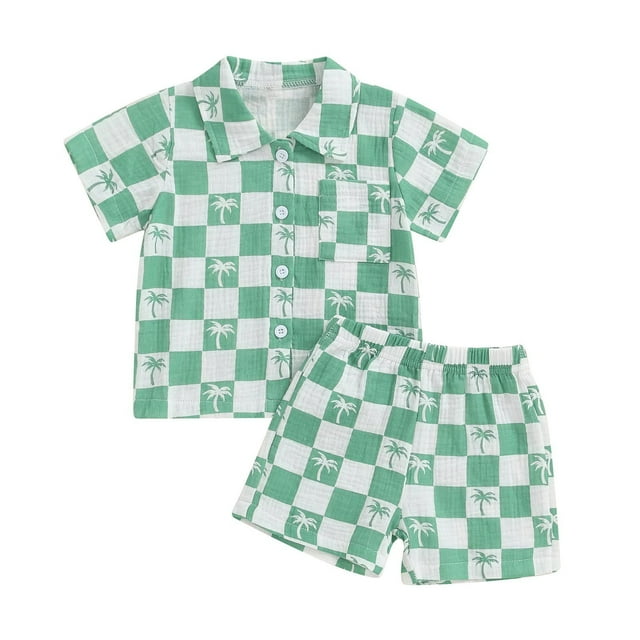 TZEWGL Toddler Boy Summer Clothes Checkered Tree Print Shirt Tops Shorts Set 2Pcs Outfit for Kids 2-3T