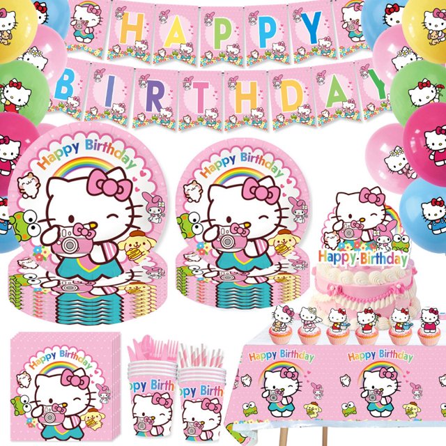 Figura de Anime desechable de gatito para fiesta, Sanrio, feliz cumpleaños, vajilla de Hello Kitty, plato, servilletas, juguete para niña, Baby Shower, regalo para niños