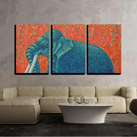 wall26 - 3 Piece Canvas Wall Art - Blue Elephant 2010. Original Acrylic Painting on Canvas.Tradition Thai Painting - Modern Home Art Stretched and Framed Ready to Hang - 24"x36"x3 Panels