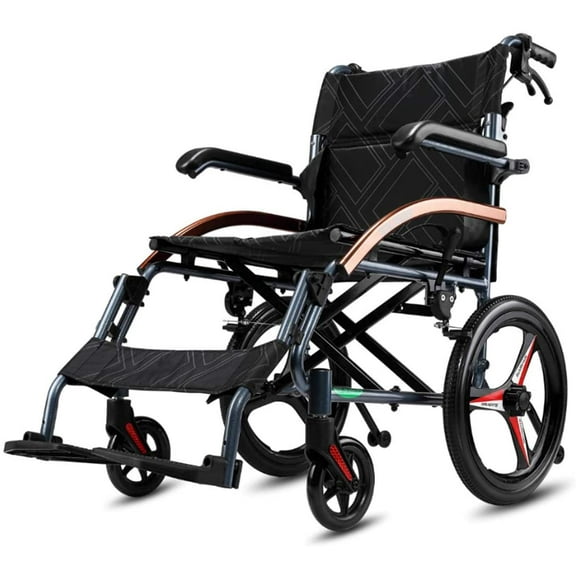 Magnesium Alloy Wheelchair 22lbs Lightweight Portable Travelling Transport Chair with HandBrakes, 16 inch Wheels