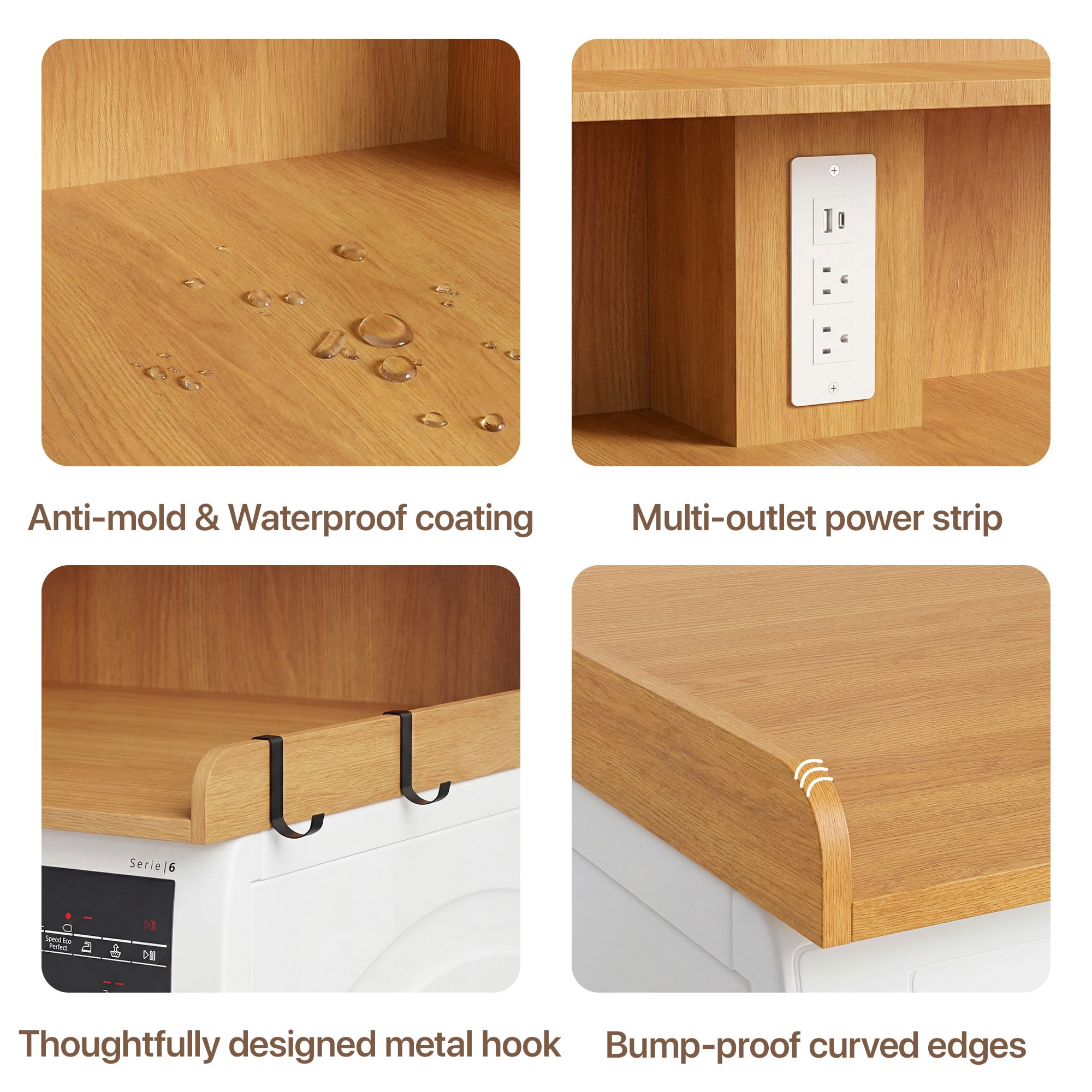 YDN 54" Large Laundry Countertop with Power Outlet & LED Lights, 2-Tier Washer Dryer Countertop for Laundry Room Organization,Washer and Dryer Topper W/ Storage Basket,Metal Hooks,Non-Slip Pad,Nature