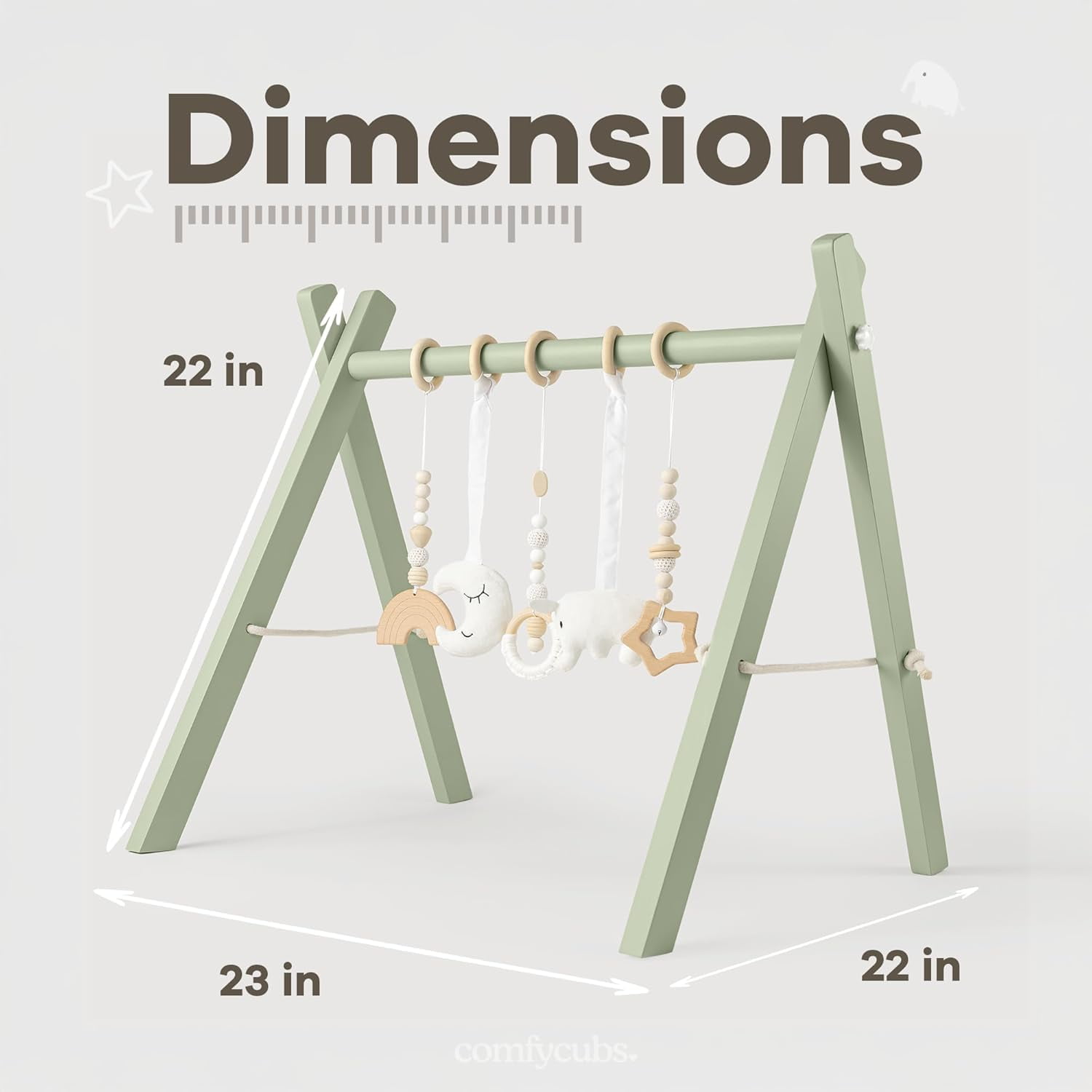 Comfy Cubs Baby Play Gym Set, Wooden Hanging Bar with Gym Toys, Foldable for Infants, Sage
