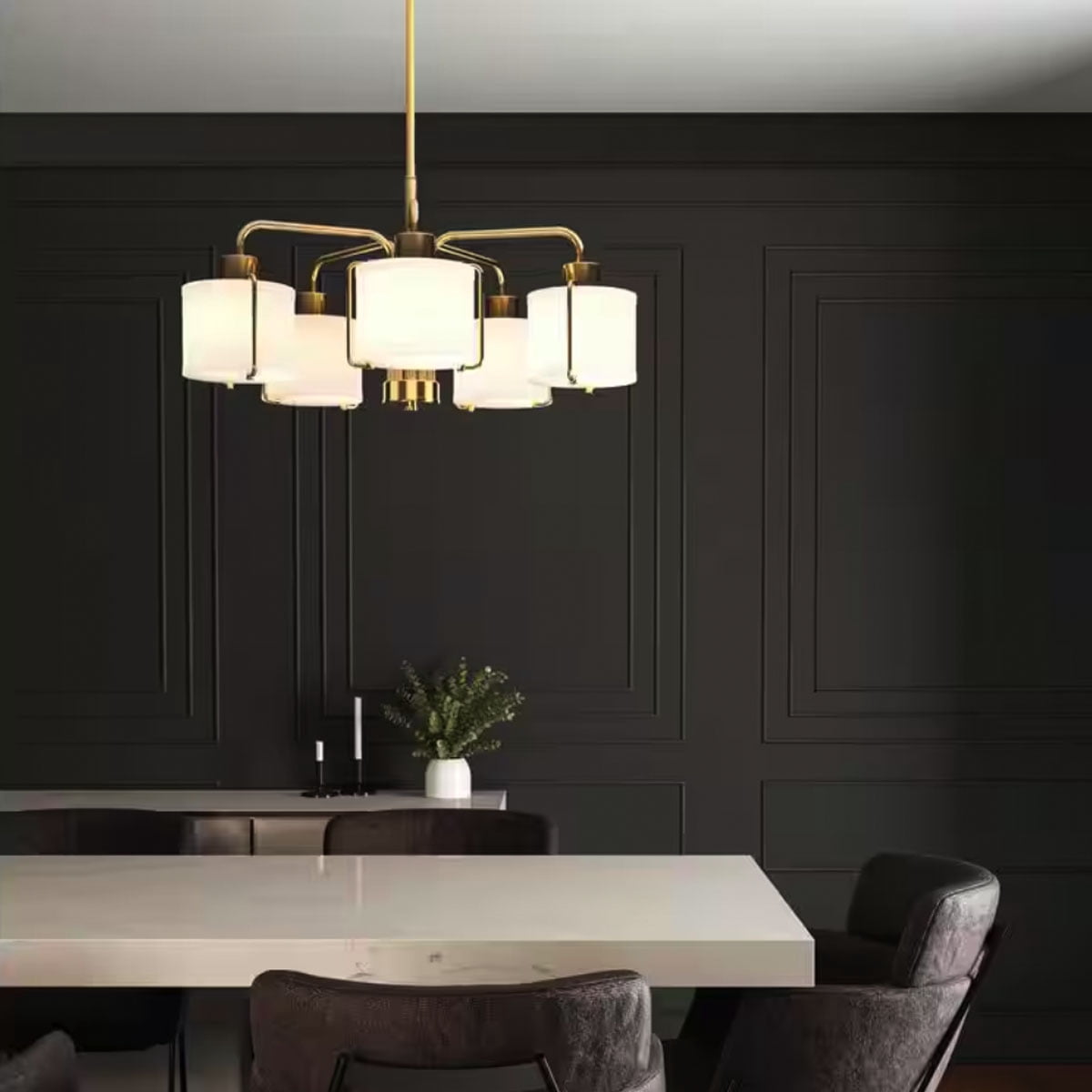 Ceybo 5-Light Brushed Gold Shaded Chandelier with White Fabric Shades