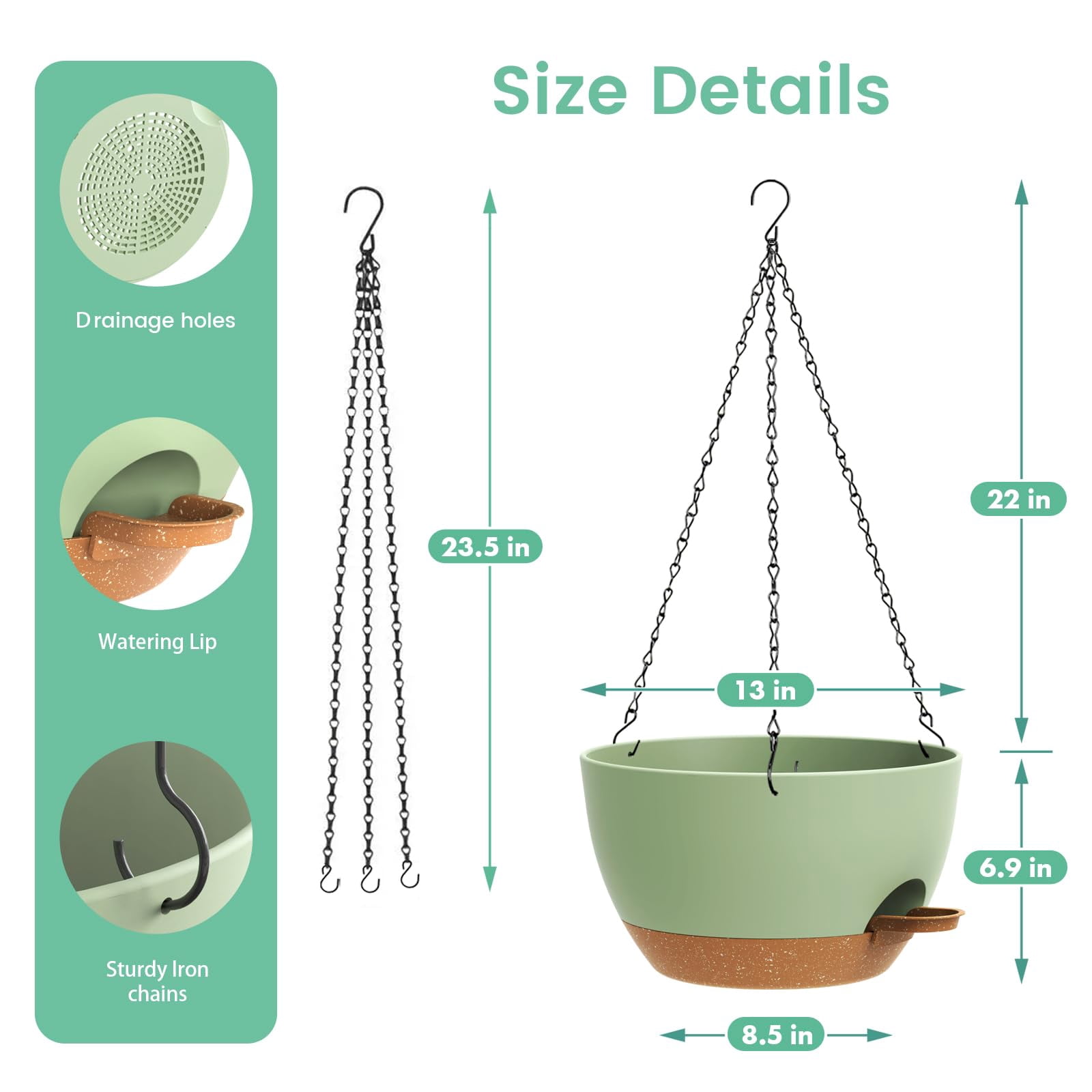 13 Inch 2 Pack Large Self Watering Hanging Planters For Indoor Outdoor Plants  Plant Pots With Removable 50 Oz Reservoir Plastic Basket Window Porch Garden Green Brown