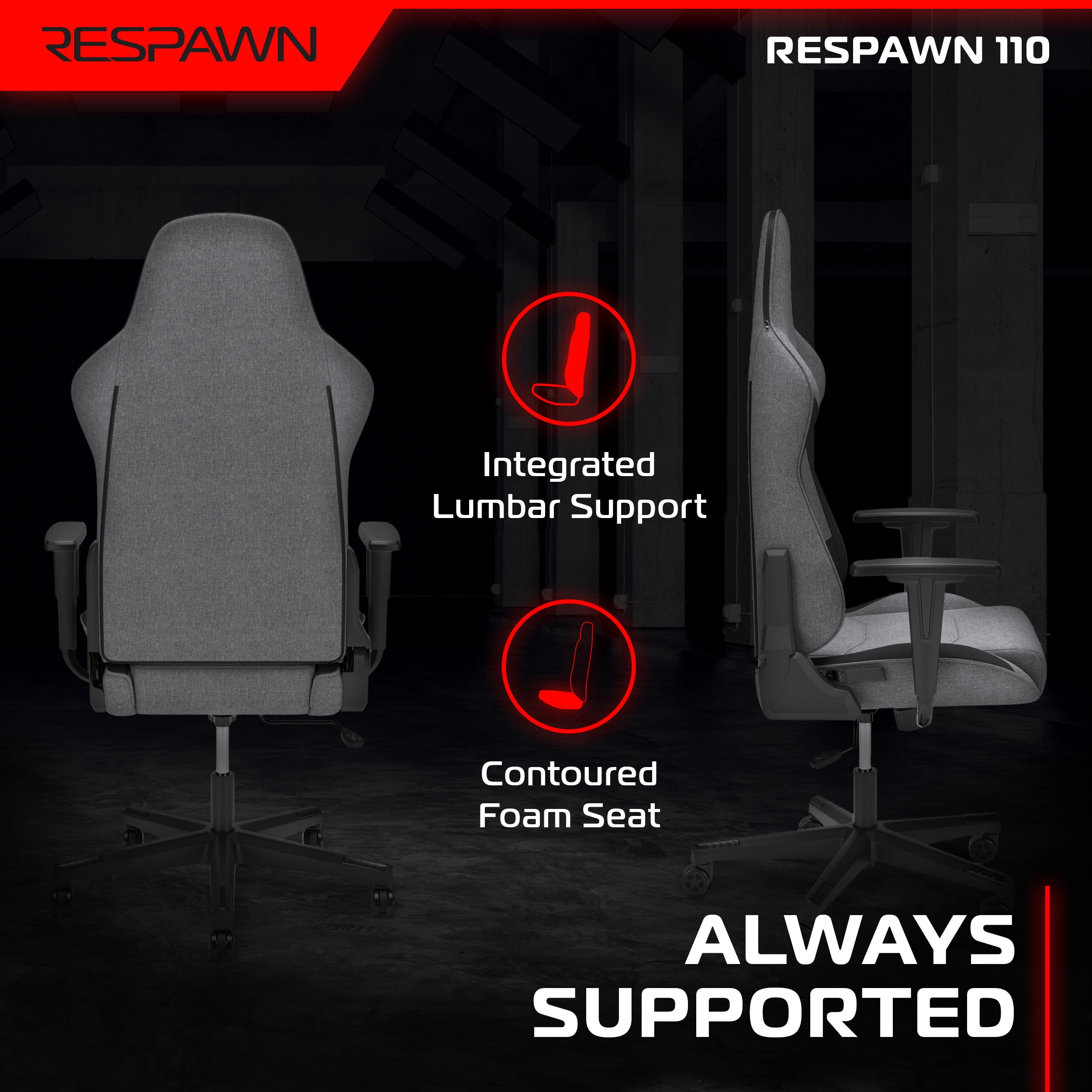 RESPAWN 110 Ergonomic Gaming Chair - Reclining Office Video Game Swivel Chair with Lumbar Support, Headrest, Heavy Duty, High Back, Racing Style Gaming Recliner Seat for Computer Gamer - Gray Fabric