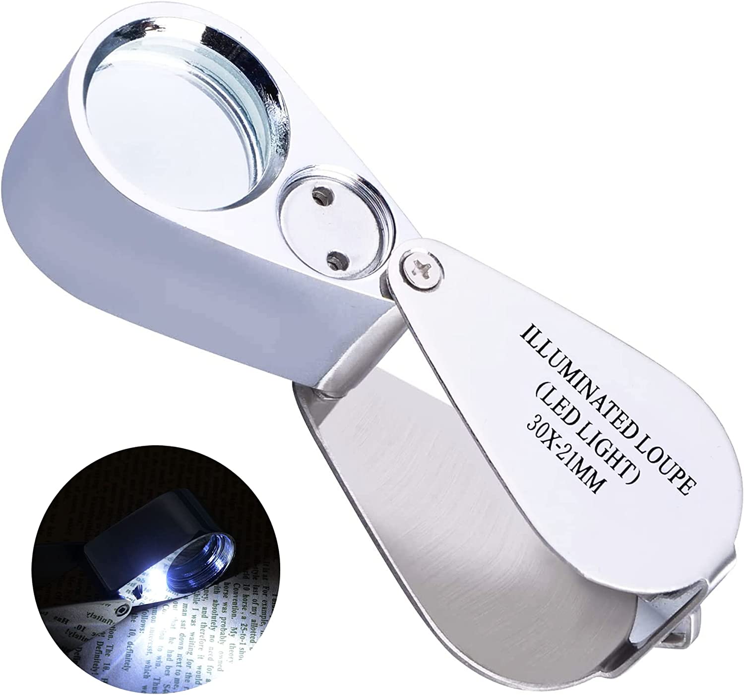 30X Jewelers Loupe Magnifying Glass with Light, Jewelry Magnifier Eye Loop,  Metal Pocket Magnifying Glass for Jewelry, Plants, Diamonds, Gems, Coins