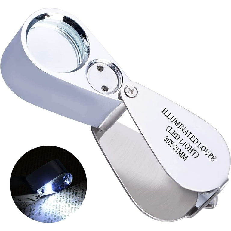 30X Jewelers Loupe Magnifying Glass with Light, Jewelry Magnifier Eye Loop,  Metal Pocket Magnifying Glass for Jewelry, Plants, Diamonds, Gems, Coins 