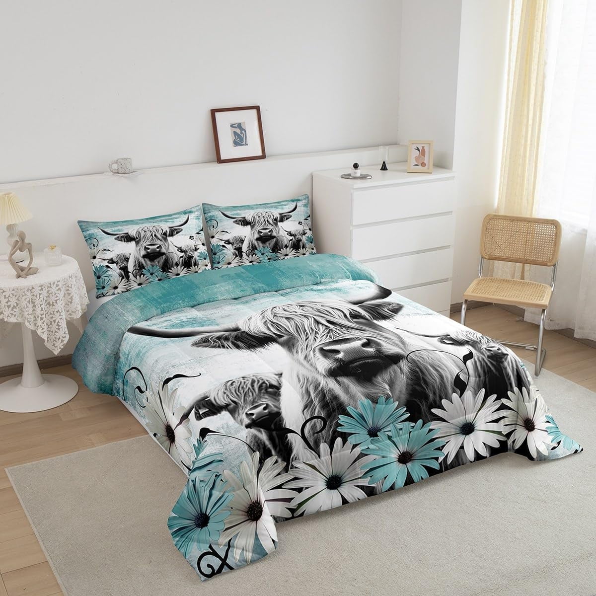 Manfei Highland Cow Print Bedding Set Queen,Teal Western Farmhouse Comforter Sets Rustic Home Decor,Longhorn Cattle Farm Animal Bed Set Graffiti Daisy Flowers Quilt Cowboys Gifts for Men Women