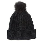 Women's isotoner Chenille Cuff Beanie Hat with Faux Fur Pom Color: Black Size: N/A