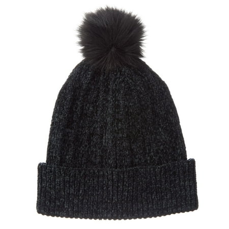 Women's isotoner Chenille Cuff Beanie Hat with Faux Fur Pom Color: Black Size: N/A