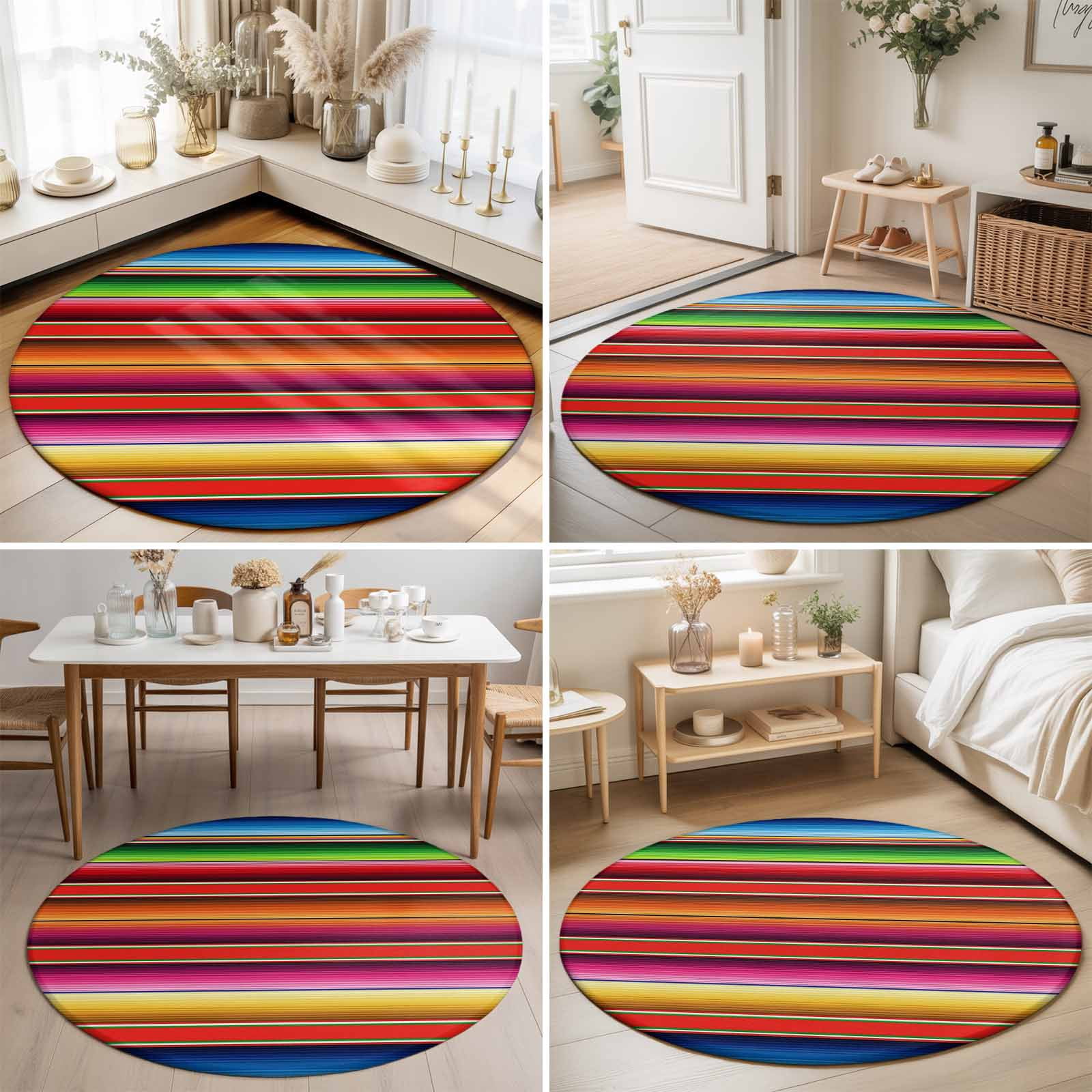 Large Round Rug 8Ft, Mexican Style Non-Slip Washable Circle Rugs Carpet, Colorful Mexico Stripes Red Blue Indoor Outdoor Rug Floor Mats Throw Runner for Bedroom Living Room Bathroom