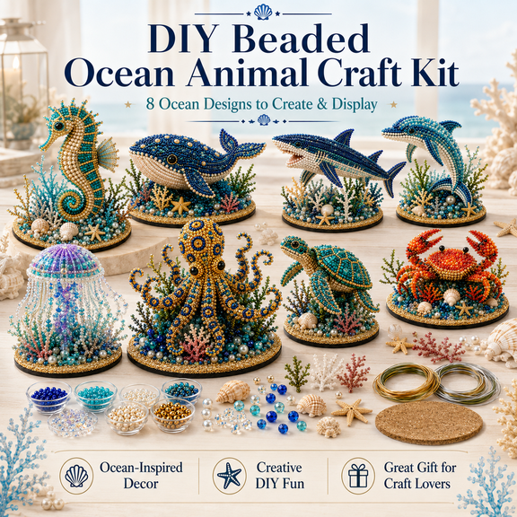 Ocean Sparkle Animal Craft Kit, 1-Piece Seahorse Pearl Bead Sculpture with Coastal Base, Handmade Tabletop Decor Project and Ocean Lover Gift