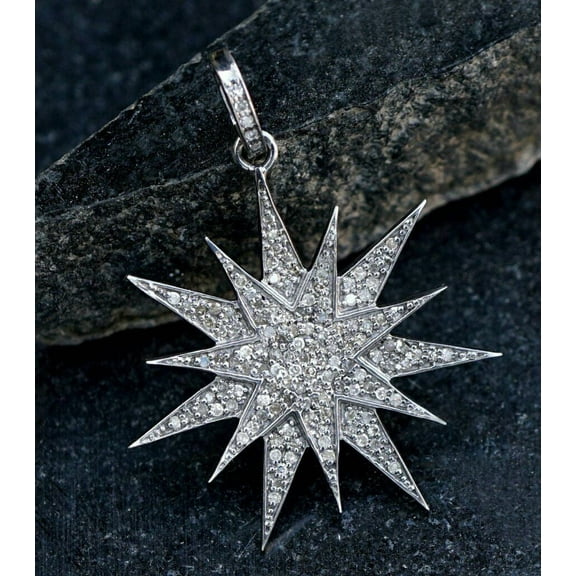 Pave Diamond 925 Silver Starburst Pendant Birthday Gift Diamond Necklace Gift.