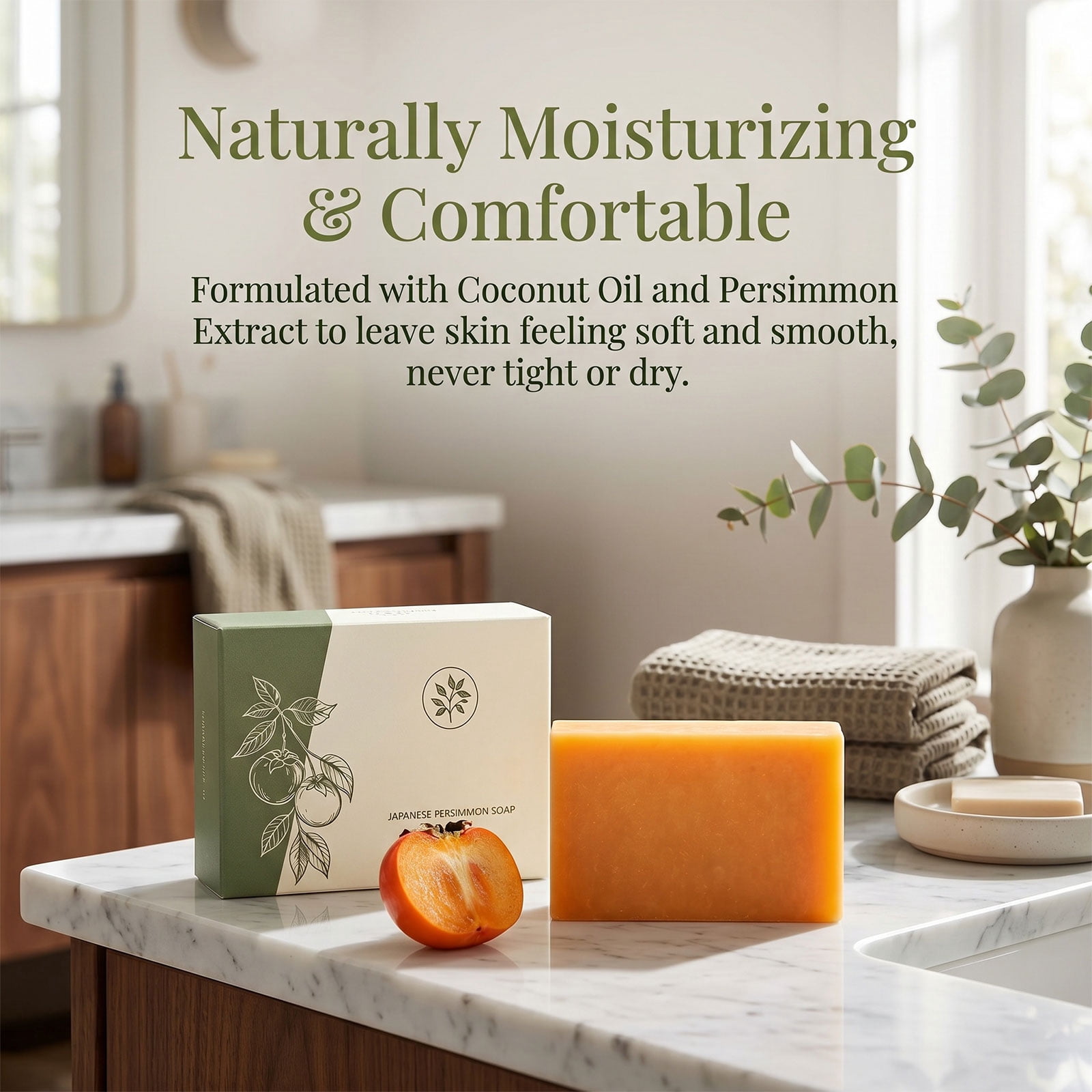kaori Persimmon Soap for Body Odor, Japanese Persimmon & Green Tea Extract, Deodorizing Body Wash for Dry & Aging Skin, Natural Bar for Men and Women(1 PC)