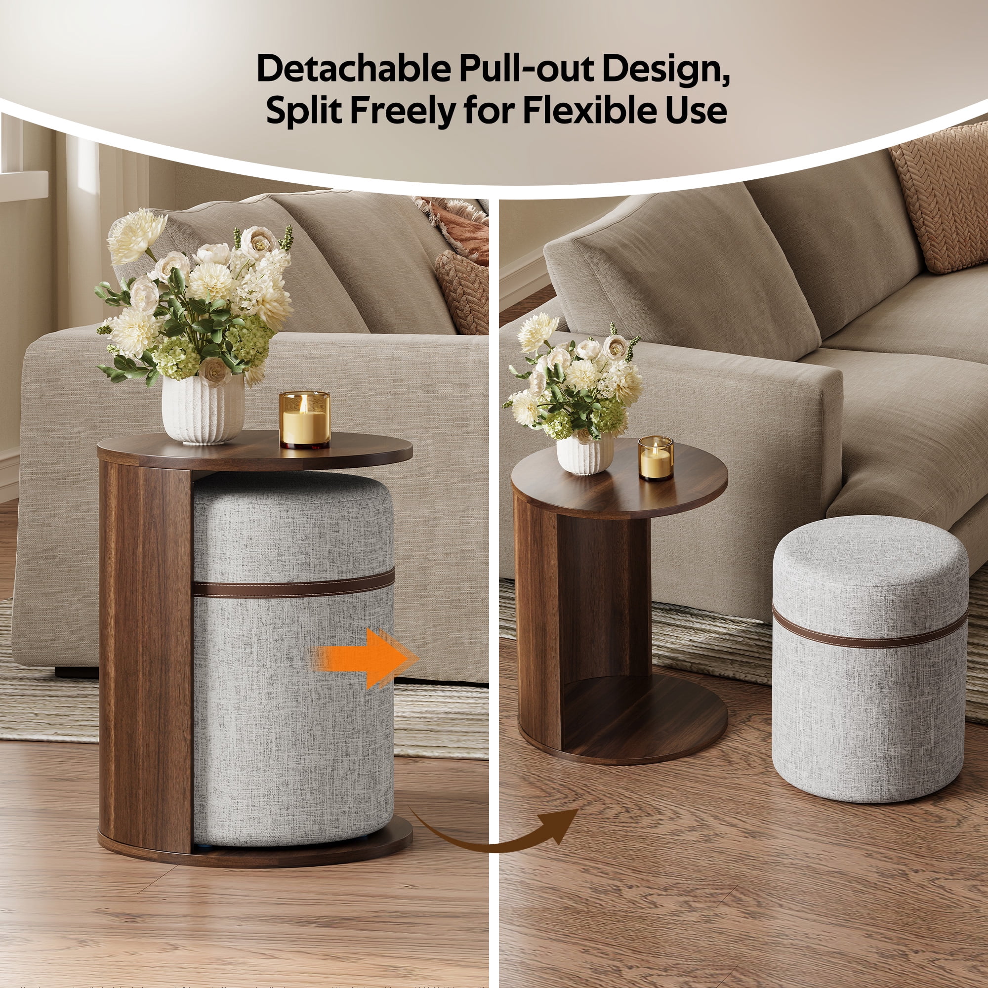 Mintazer 2‑in‑1 Round Side Table with Pull‑Out Linen Storage Stool & Open Magazine Slot, End Table for Sofa Bedroom Small Space, Walnut