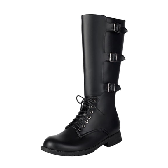 XUNKUSGA Knee High Boots for Men Fashion Round Toe Lace Up Triple Buckle Straps Men's Motorcycle Boots Renaissance Men PU Leather Boots,6.5