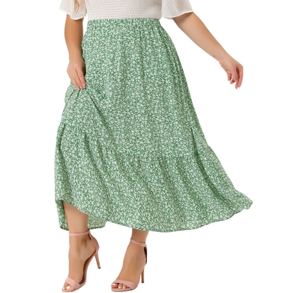 DARING DIVA Women's Plus Skirts Floral Stretchy Waist Layered Maxi Skirt XL Green