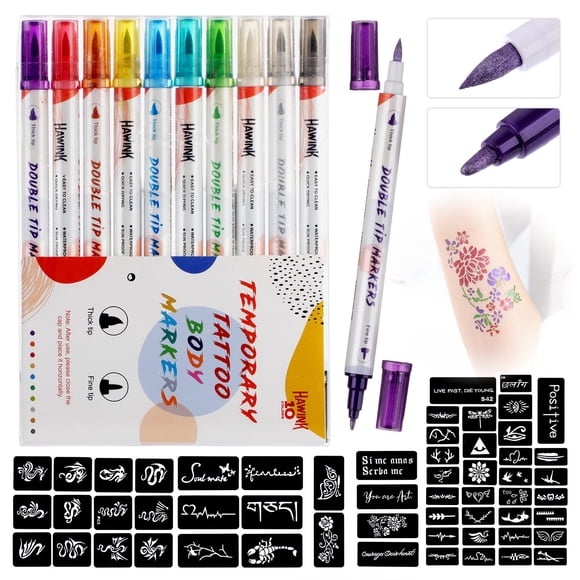 Marcadores temporales para tatuajes Hawink ZYH2208001KIT, 10 plantillas para cuerpo y 56 plantillas
