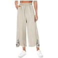thumbnail image 2 of Women's Wide Leg Pants Fashion Embroidery Prints High Waisted Cotton Linen Side Pleated Pants Casual Loose Straight Trousers with Pockets Beige M, 2 of 7
