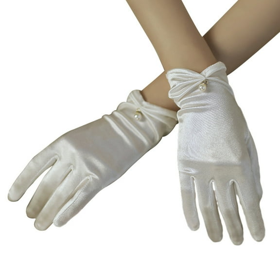 Yesbay 1 Pair Retro Satin Bride Gloves Faux Pearls Decor Pleated Cuffs Solid Color Vintage Wedding Gloves