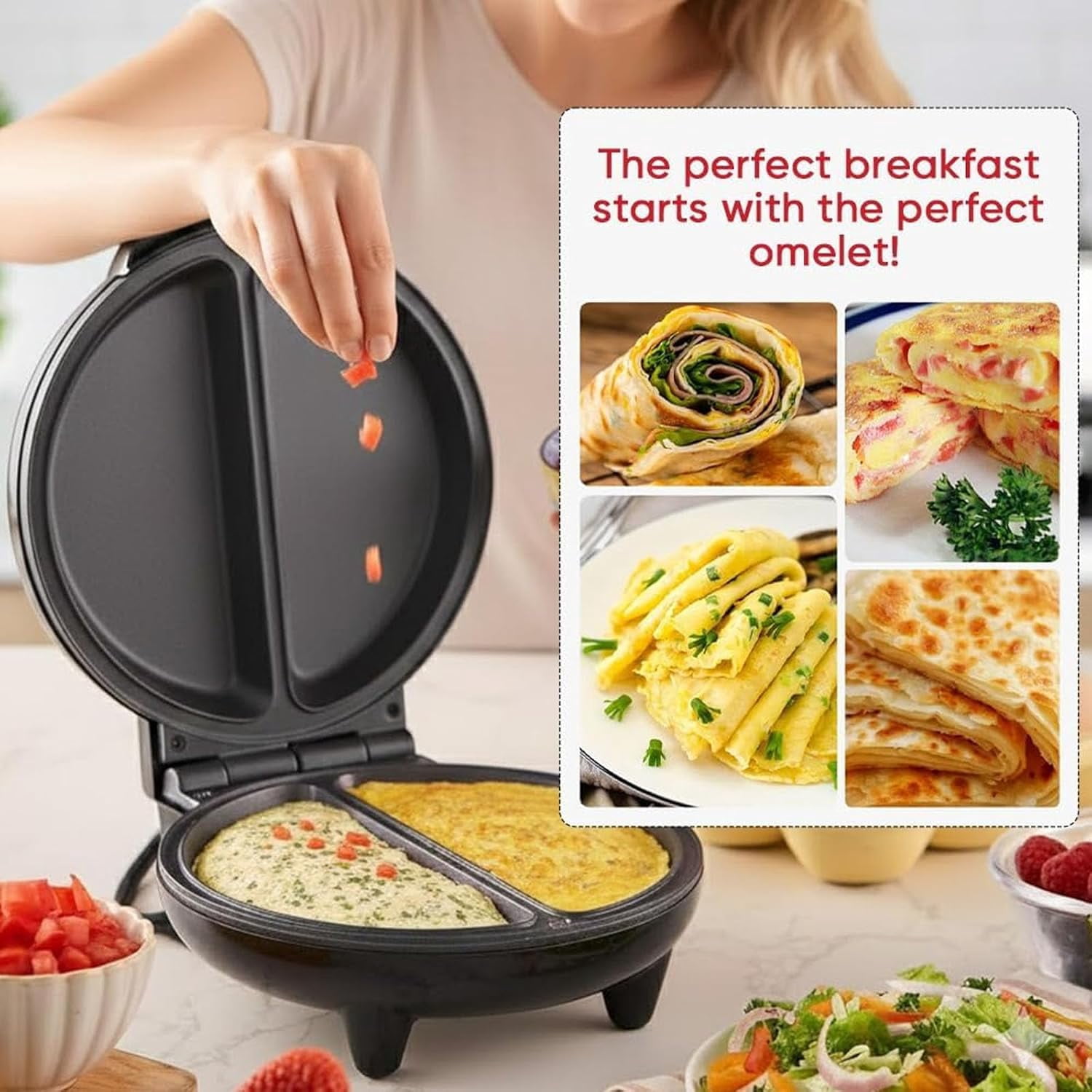 Electric Omelette Maker - Dual-Zone 1000W Double-Sided Egg Cooker with Non-Stick Plates, Indicator Lights, Cool-Touch Handle, Compact Breakfast Maker for Two Omelettes