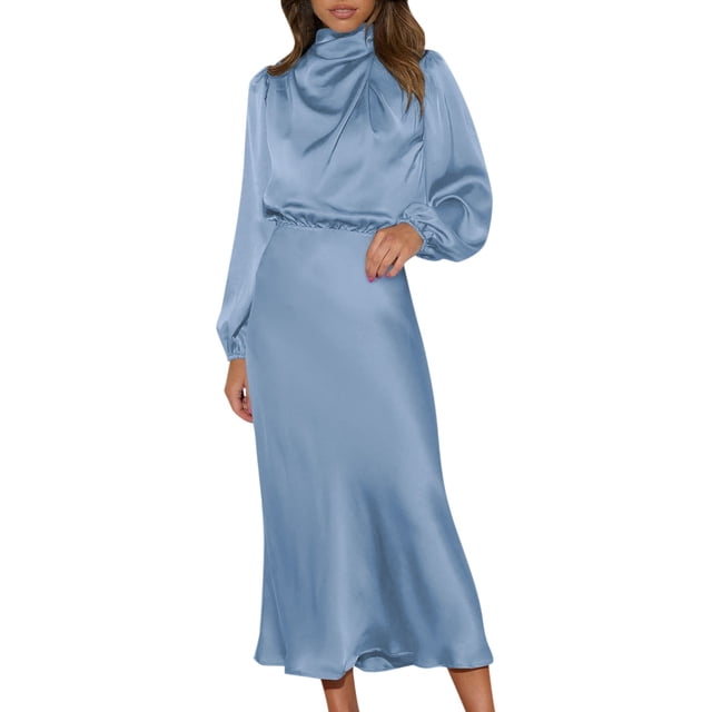 Gibobby Vestidos de noche largos elegantes Vestido de fiesta de noche de corte holgado de Color sólido de cuello de satén cómodo elegante de manga larga para mujer(Azul celeste,M)