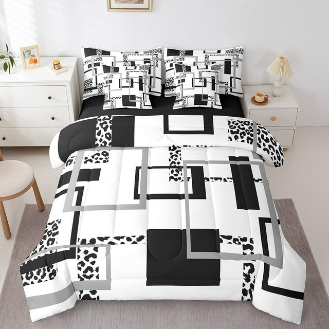 YST Ensemble de Douillette 7 Pcs à Rayures Léopard pour Garçons Filles, Ensembles de Literie Noir Gris Simple, Lit en Sac Géométrique, Ensembles de Lit Modernes Abstraits Réversibles avec Drap Plat et Drap-Housse, Couvre-Oreillers