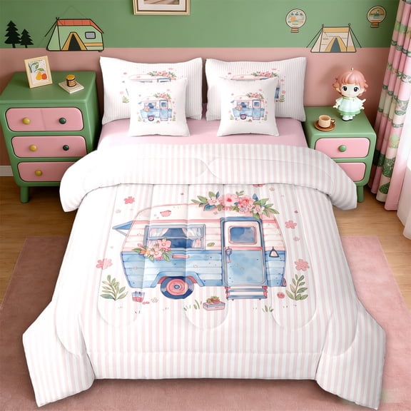 Erosebridal Kids Cute Camper 7-Piece Twin Bedding Sets For Travel Trailers,Pink Flowers Floral Bedding Comforter Set For Girls,Reversible black