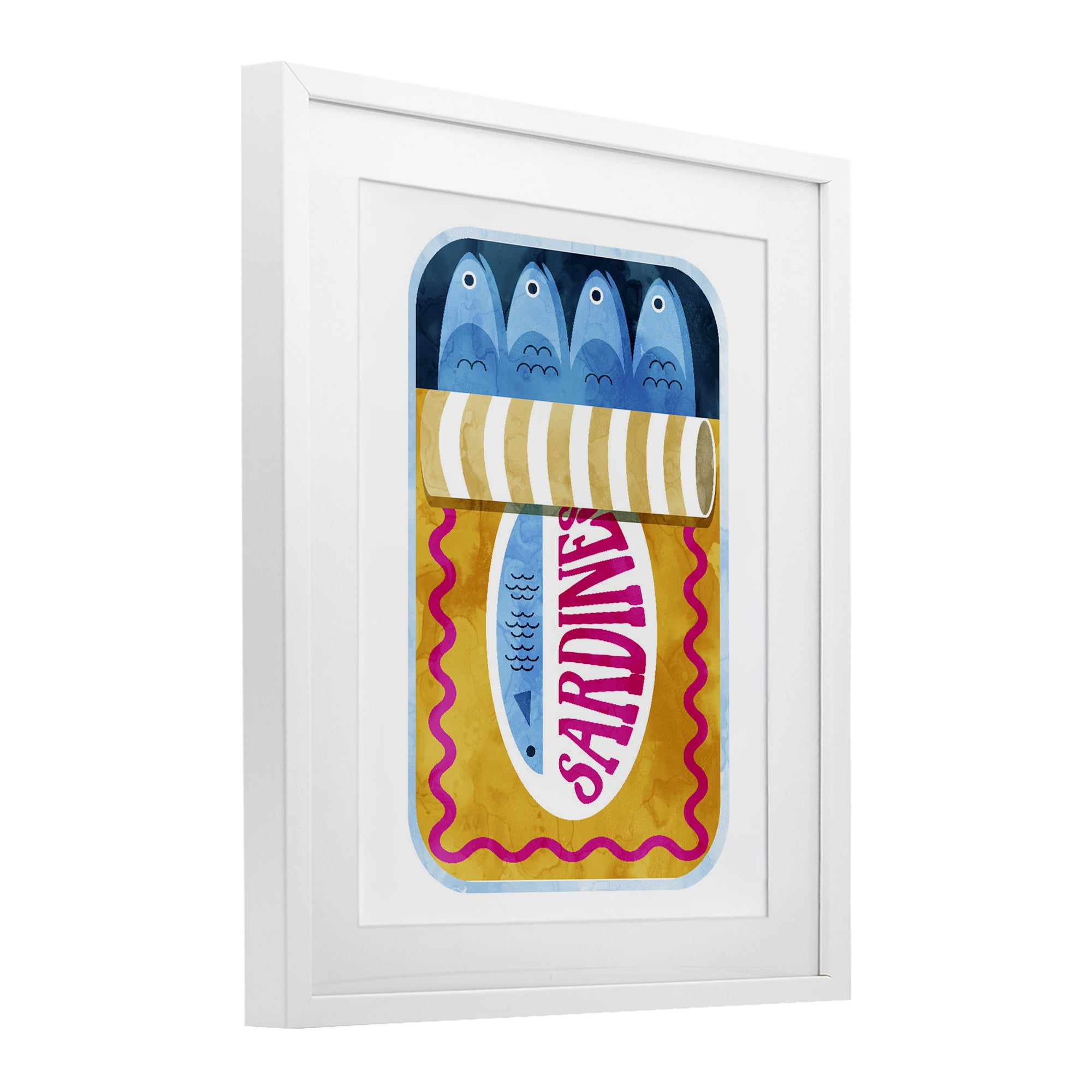Yellow and Pink Sardine Tin White Framed Print Under Glass, design by Daphne Polselli