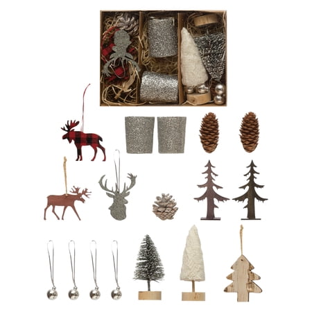 Creative Co-Op Candle Garden Kit with Votives  Ornaments  Pinecones  Bottle Brush Trees  Wool Felt and Wood Laser Cut Trees  Boxed Set of 17