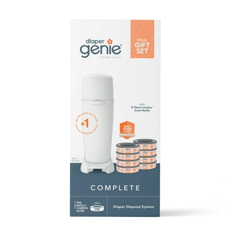 Diaper Genie Complete Gift Set,White,1 Diaper Pail,8 Clean Laundry Scent,Round Refills-2160 Ct