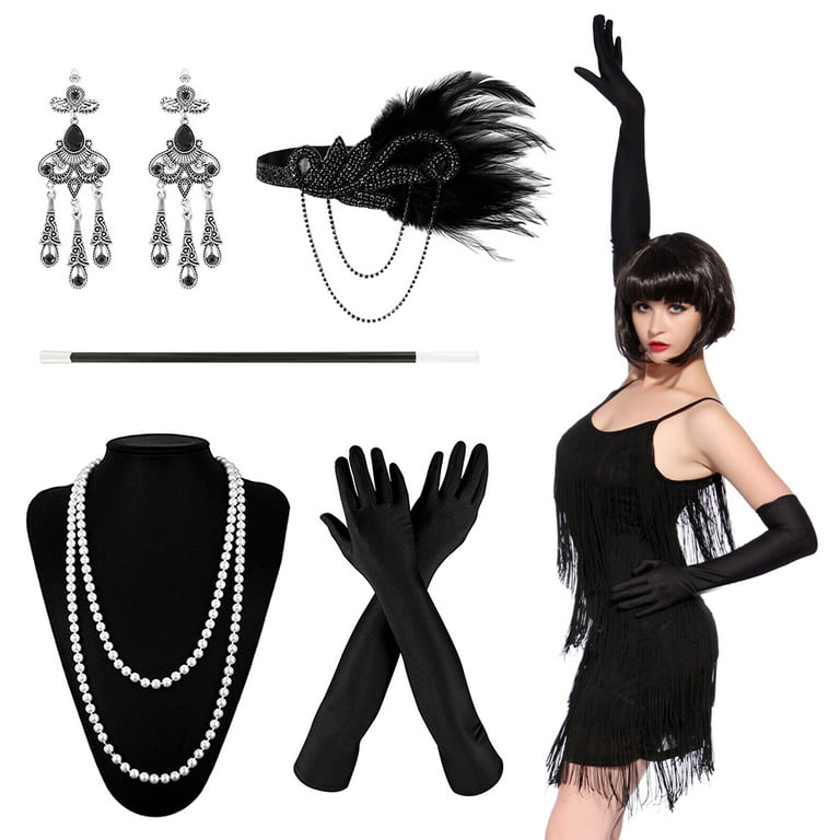1920s Flapper Accessories Gatsby Costume Accessories Set, Headband Bracelet  Pearl Necklace Gloves Plastic Holder Earrings