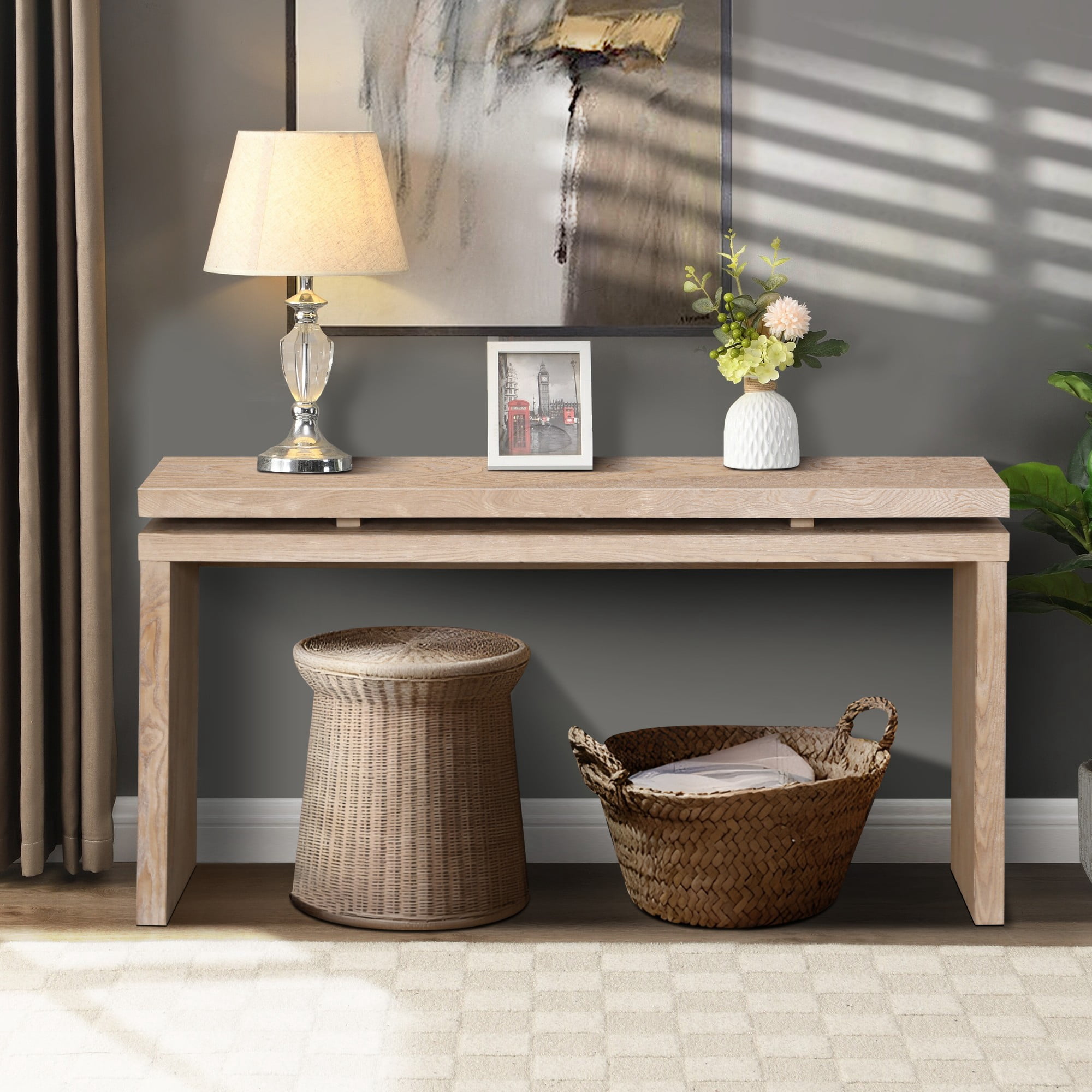 60" Antique Natural Farmhouse Console Table, Retro Wooden Entryway Table with Double Board Suspension Design, Solid Wood & MDF, Sofa Table for Living Room (Antique Natural)