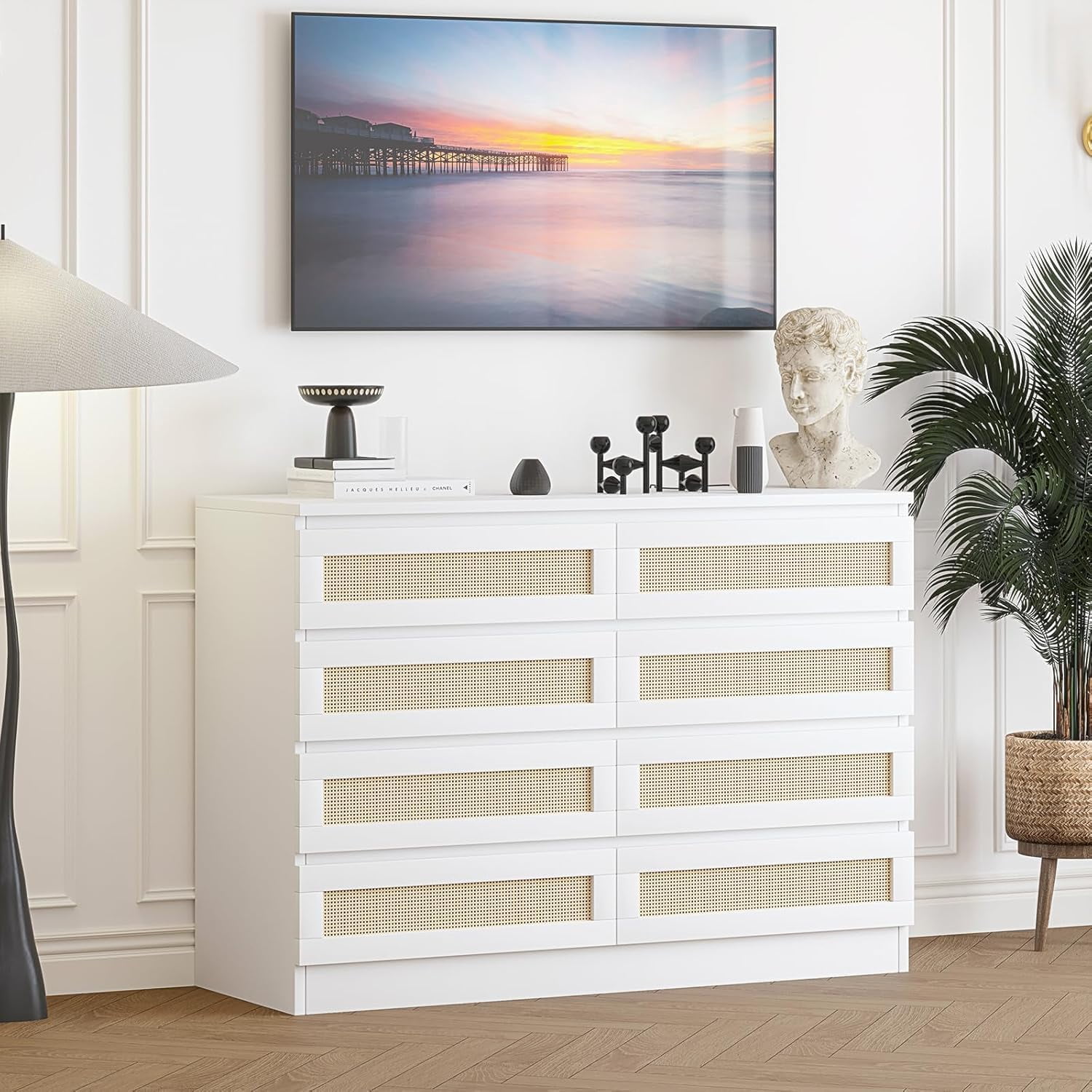Kicctian 47 Inch Rattan 8-Drawer Dresser, Modern Farmhouse Chest, Multi-Functional TV Stand Dresser for Bedroom,Living Room,White