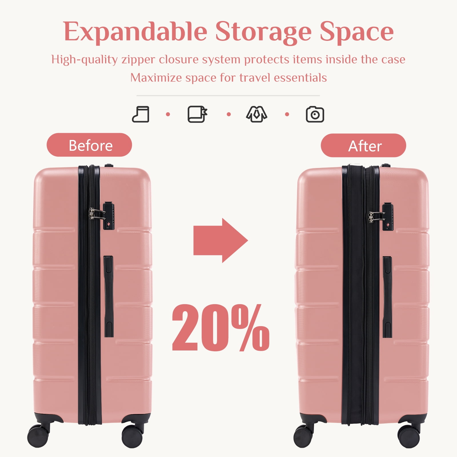 JIOABL 3 Pieces Carry On Luggage Expandable Hardside Suitcases with Rolling Spinner Wheels & TSA Lock, Pink