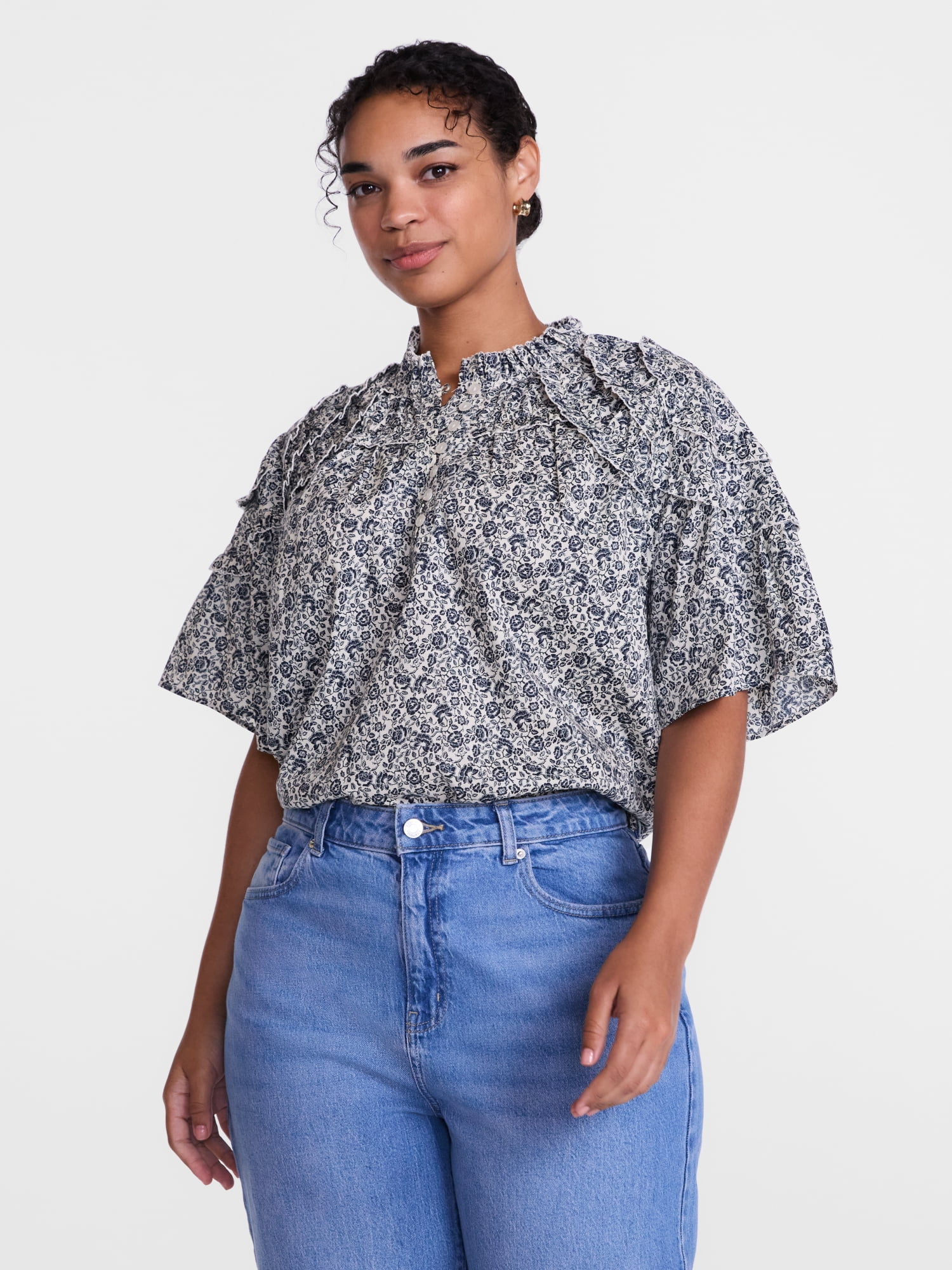 Scenario Women's Gathered Cotton Voile Top with Short Sleeves, Size XS-XXXL
