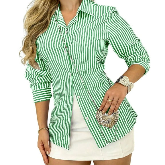 Womens Button Down Shirts Striped Classic Long Sleeve Collared Office Work Blouses Tops Green XL