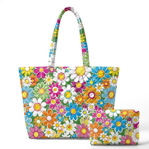 Xixirimido Vibrant Hippie Flower Quilted Tote Bag 2 Pack for Women, Lightweight Work Travel Tote Handbag with Cosmetic Bag Zipper Closure