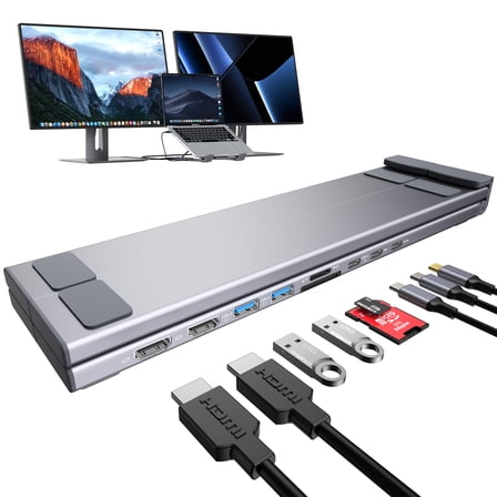 USB C Laptop Docking Station Stand with double 4K HDMI, 8 Ports | Powered USB C Hub | Adjustable Laptop Stand for 10-17" Laptops | Lightweight & Portable Design | Ideal for Tablets, Laptops, Kindles