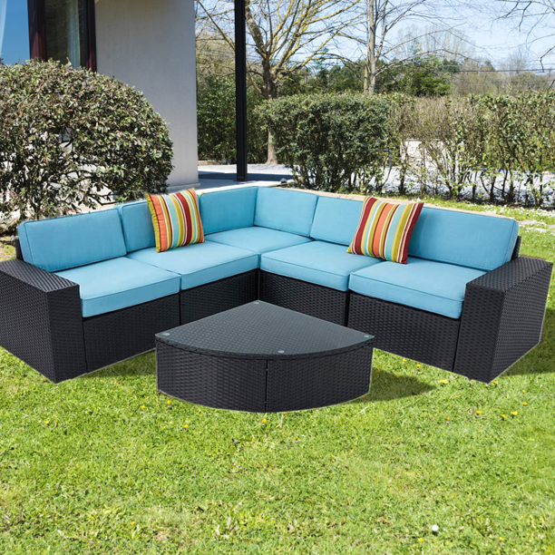 6 Piece Outdoor Patio Conversation Furniture Sets With Glass Table All Weather Black Pe Rattan Wicker Cushioned Sectional Sofa Olefin Blue Cushions And Cover Com 6 Piece Outdoor Patio Conversation, Olefin Outdoor Furniture