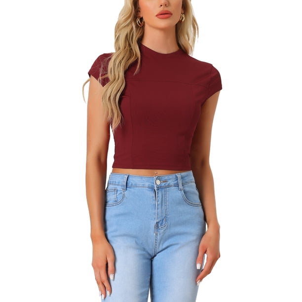 INSPIRAR CHIC Camisetas Básicas de Cuello Redondo para Mujeres con Mangas Cortas Sólidas Rojas XL