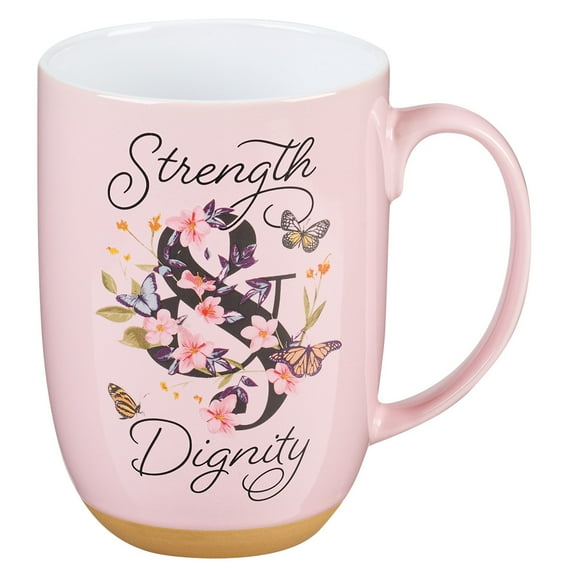 Christian Art Gifts Coffee Mug Strength and Dignity Floral Butterfly Proverbs 31, 15 oz, Pink
